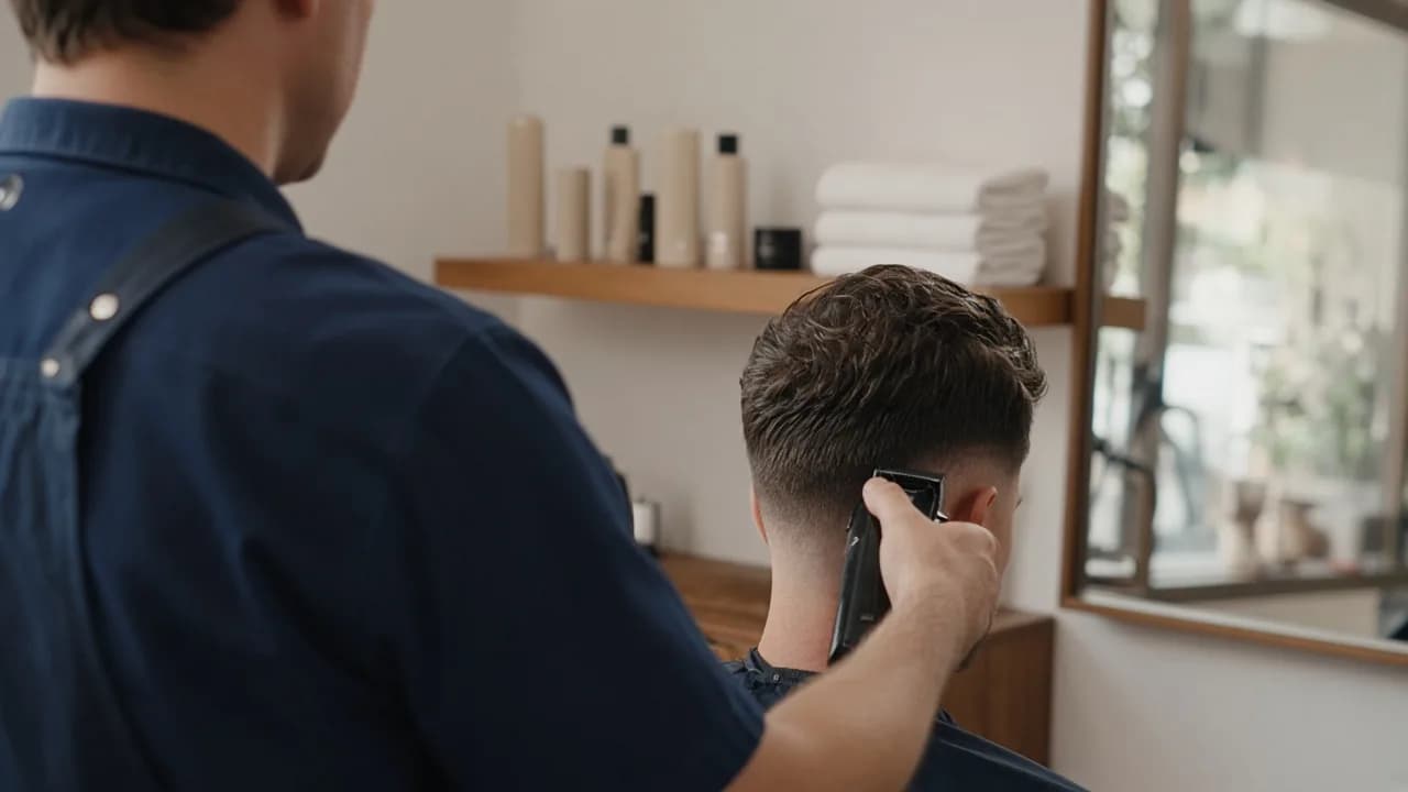 Barber in a navy apron cutting a client's hair, with a shelf of grooming products and towels in the background