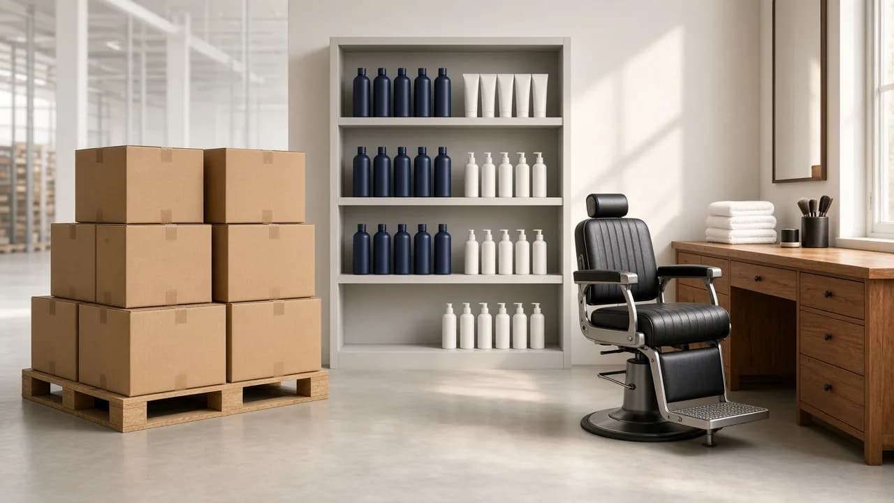 The supply chain in one picture: cartons on a pallet, a shelf with grooming products and a barber chair by the window