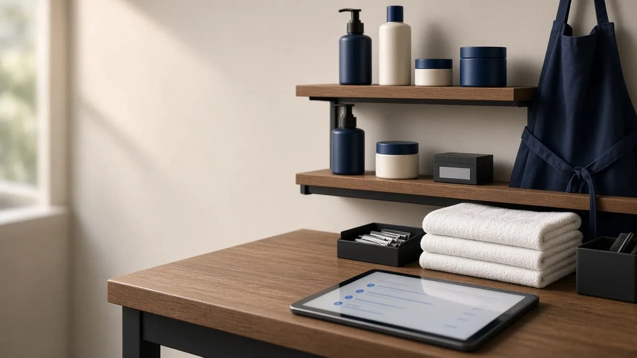 Barbershop workstation: a shelf with grooming products, folded towels and a tablet showing an order list