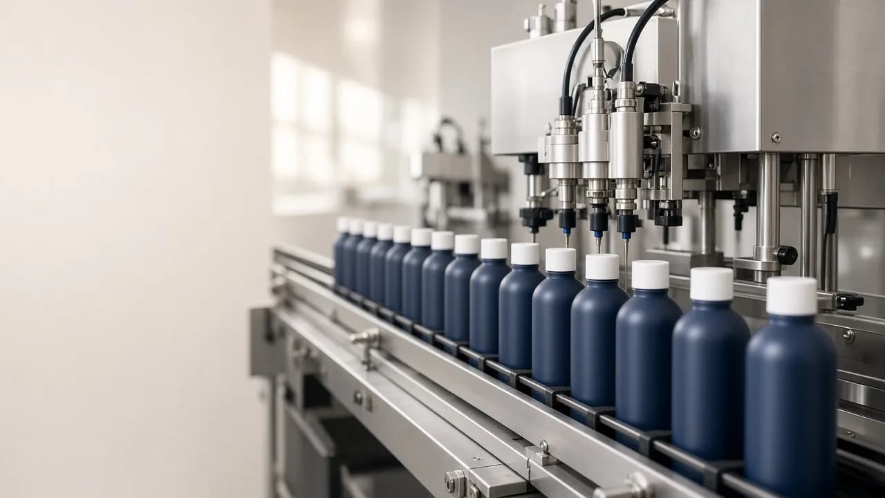 Filling line in a cosmetics production: navy bottles with white caps on a stainless-steel conveyor
