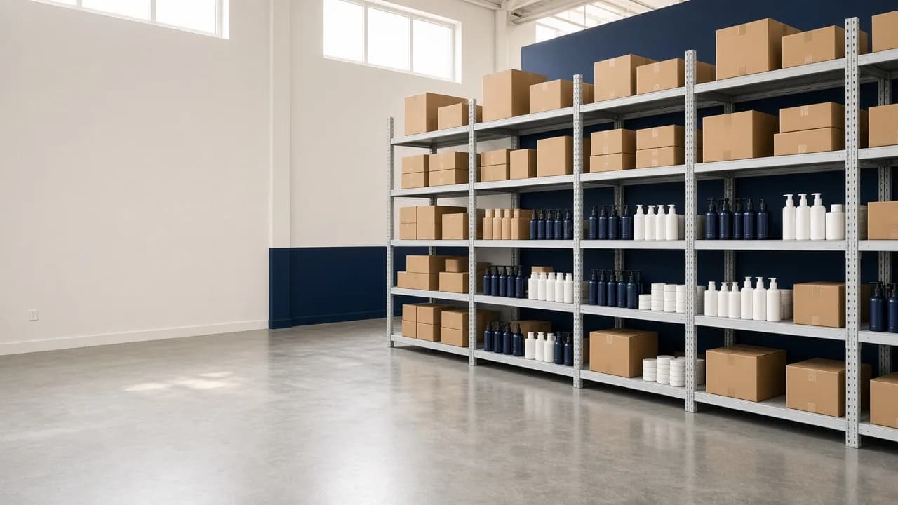 Bright supplier showroom: metal shelving with cartons and rows of grooming bottles in front of a navy wall