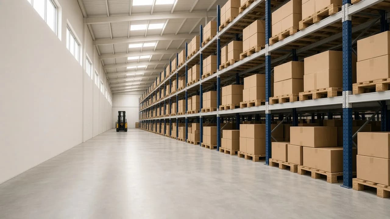 Wholesaler's high-bay warehouse with cartons on pallets, a wide aisle and a forklift in the background