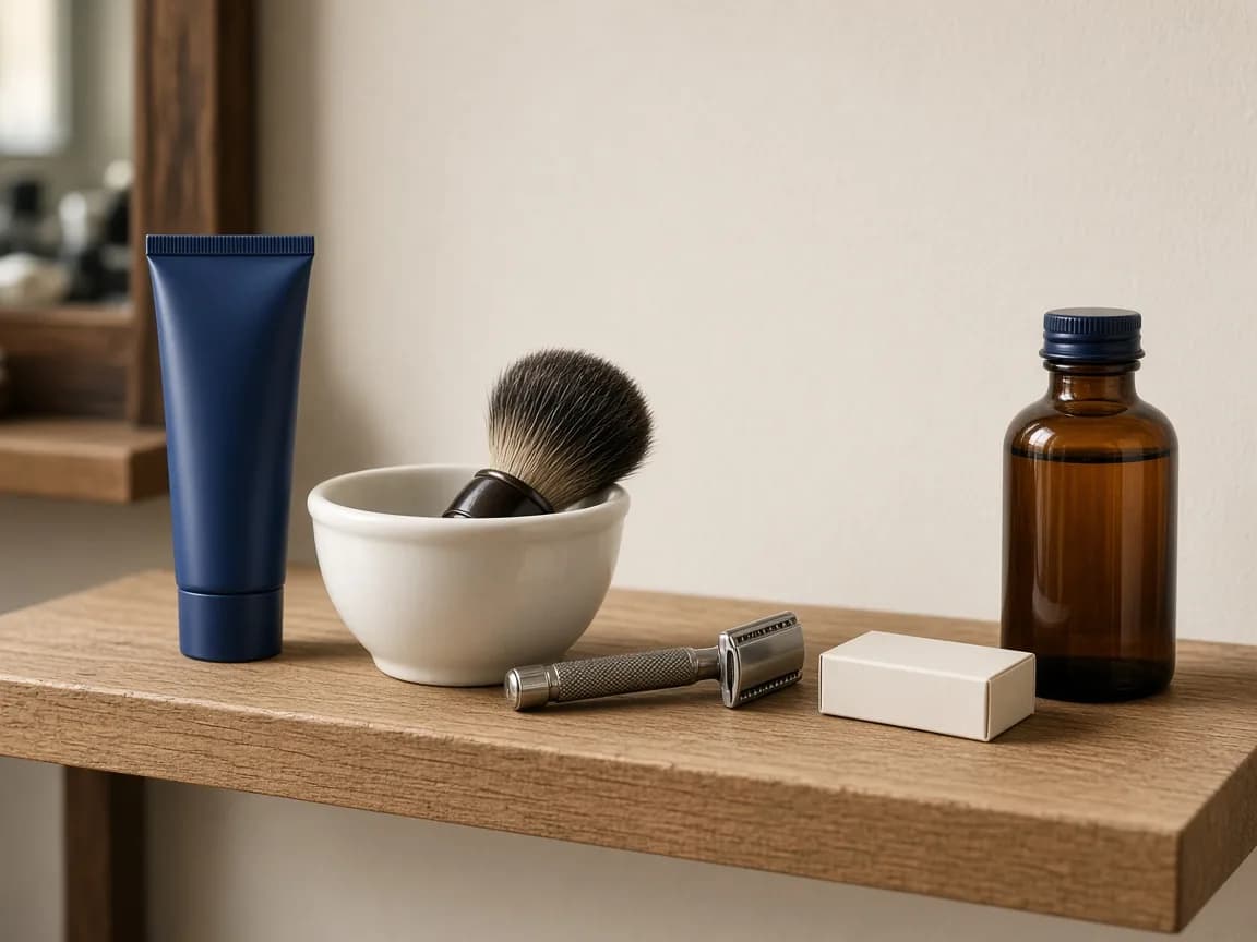 Shaving products on a wooden shelf: shaving cream, a shaving brush in a bowl, a safety razor, a box of blades and aftershave