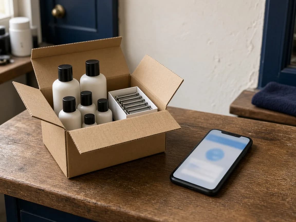 Opened delivery box with grooming bottles and blades on a wooden counter, next to a smartphone showing an order status