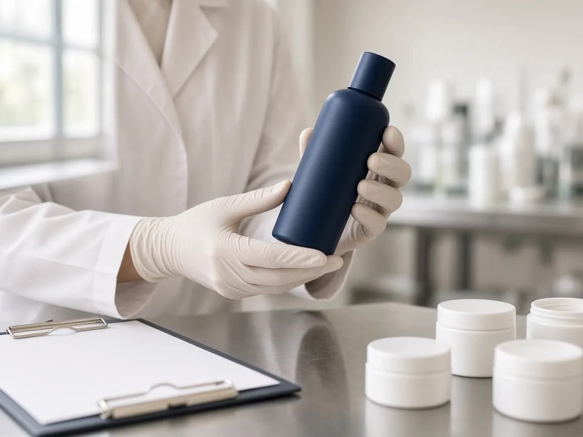 Quality control in a lab: gloved hands inspecting a navy bottle in window light, white jars in the foreground