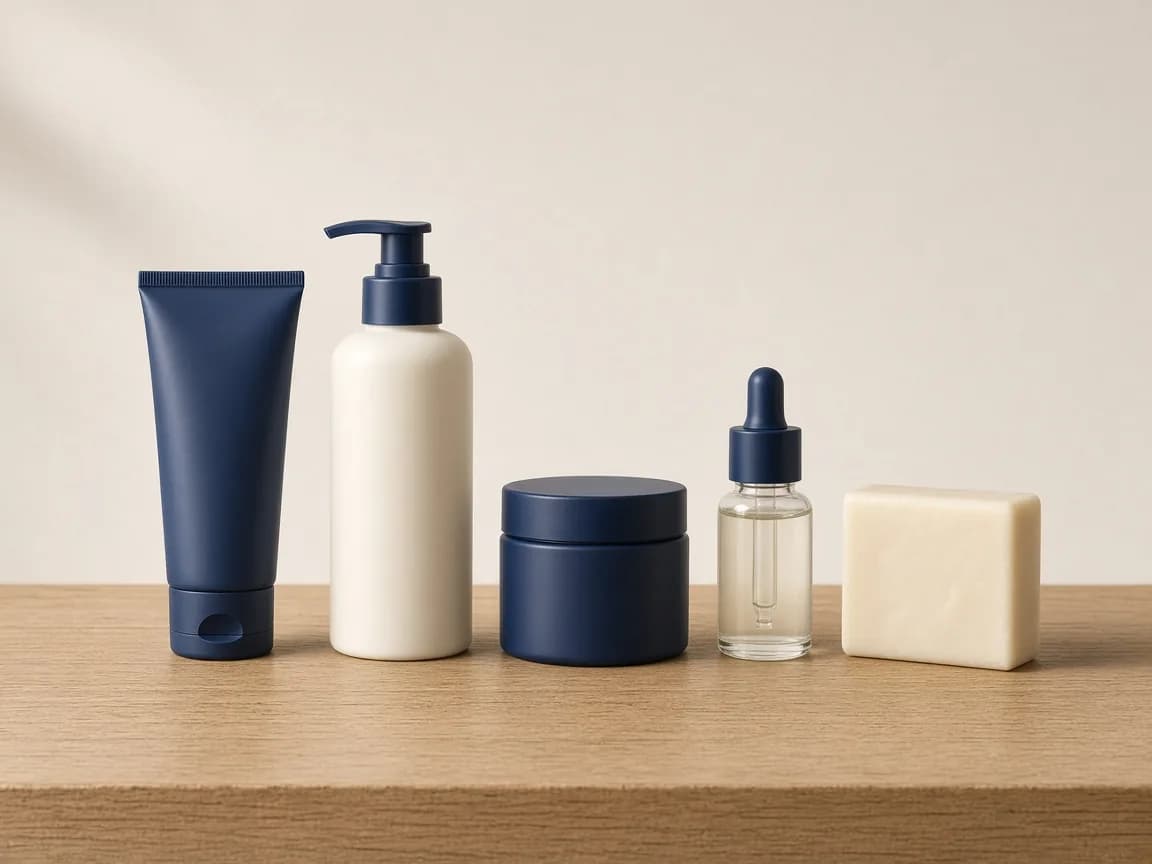 Neutral product family in navy and cream: tube, pump bottle, jar, dropper bottle and soap on oak