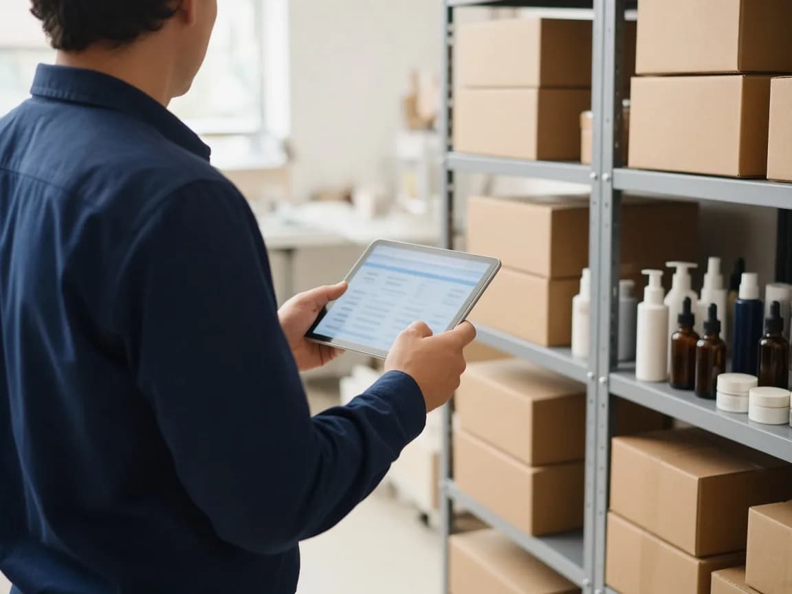 Warehouse worker in a navy shirt picking orders with a tablet in front of a shelf with cartons and grooming products