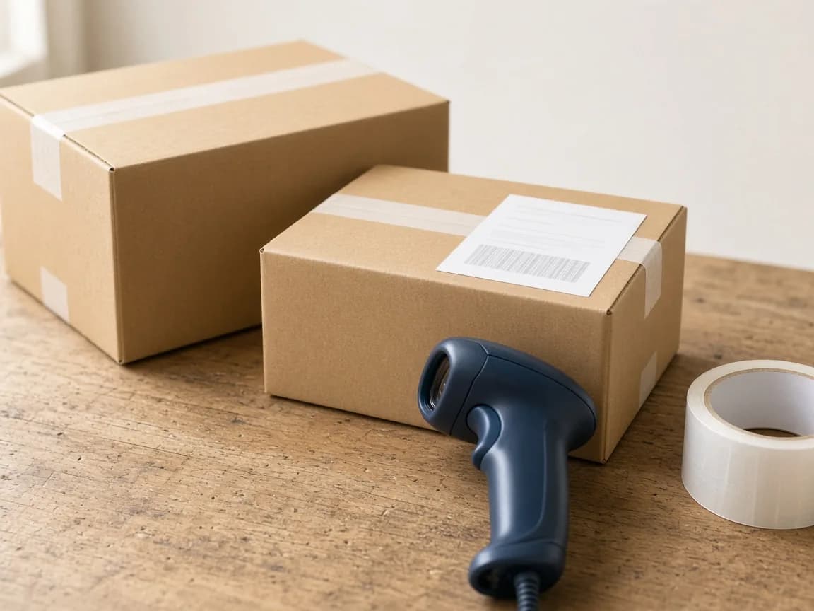 Two sealed shipping cartons with a label, a barcode scanner and a roll of tape on a packing table