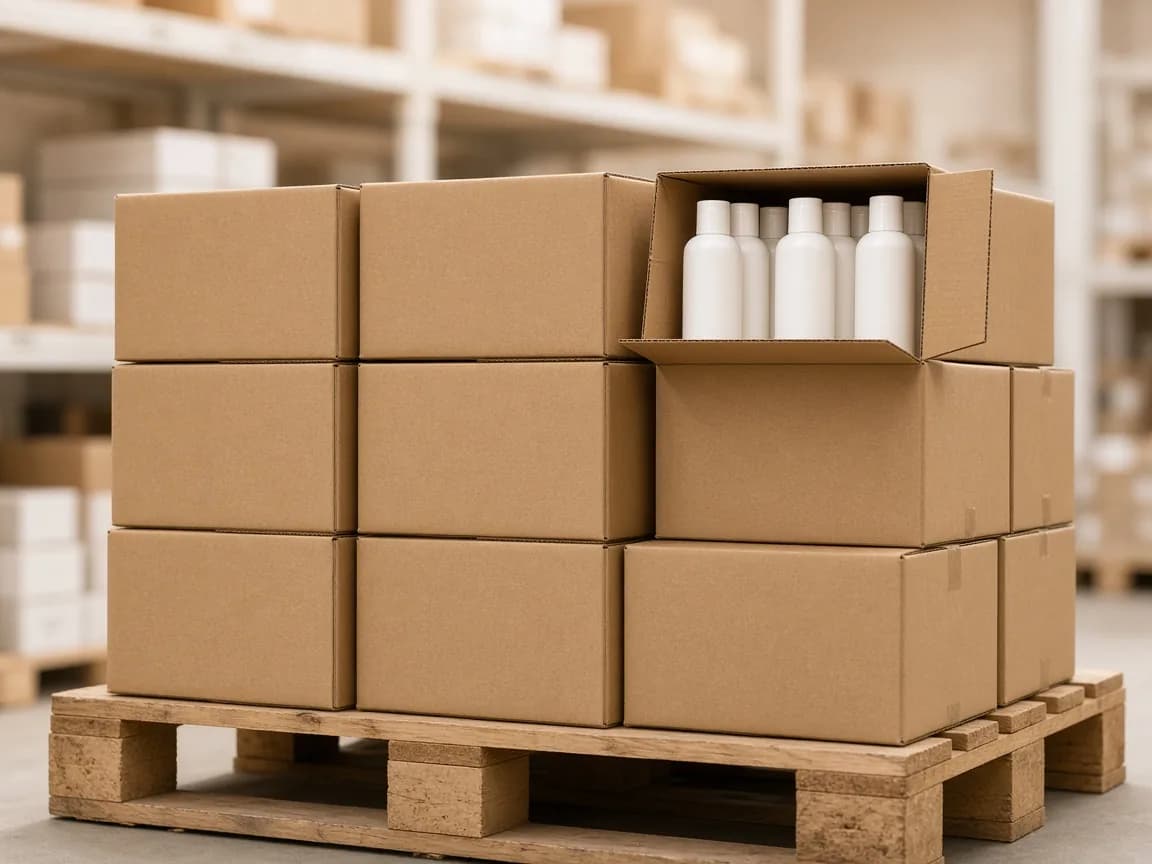 Stack of brown cartons on a wooden pallet, one carton open showing white grooming bottles