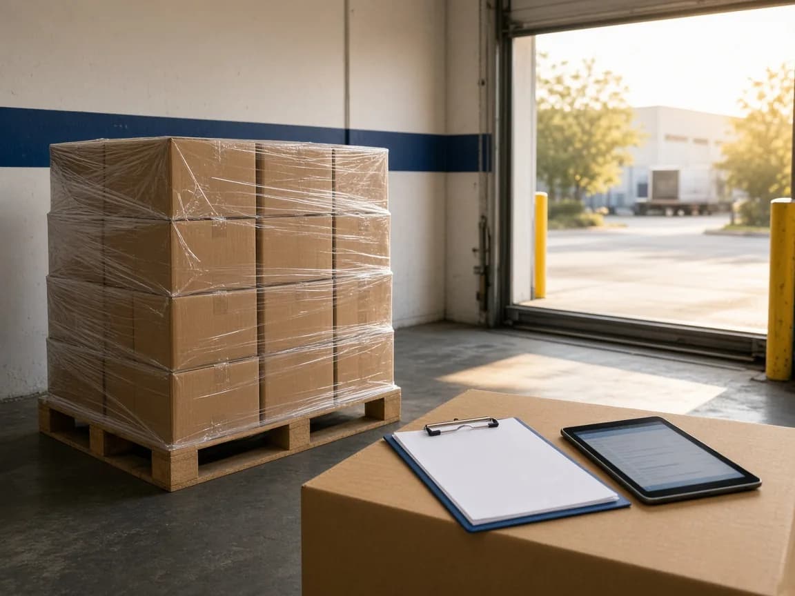 Shrink-wrapped pallet of cartons at a loading dock, with a clipboard and tablet on a carton in evening light
